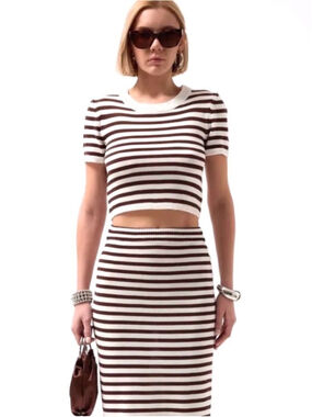 Atelier by KIRIOUS Striped Knit two Piece Set Cream Black Fitted Skirt Crop Top